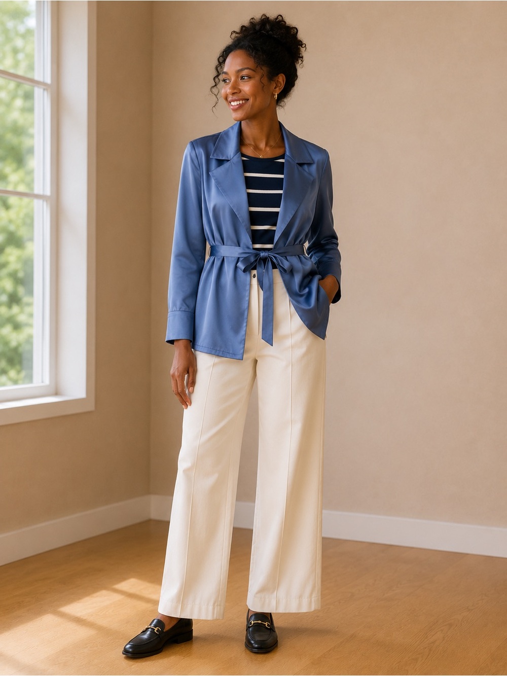 Ann Taylor Steel Blue Satin Tie-Belt Shirt Jacket